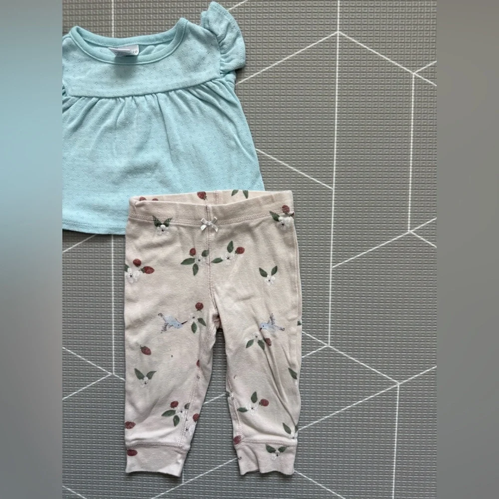 Okie Dokie|Baby girl summer set,Mint Flutter Sleeve eyelet Top & Floral Leggings